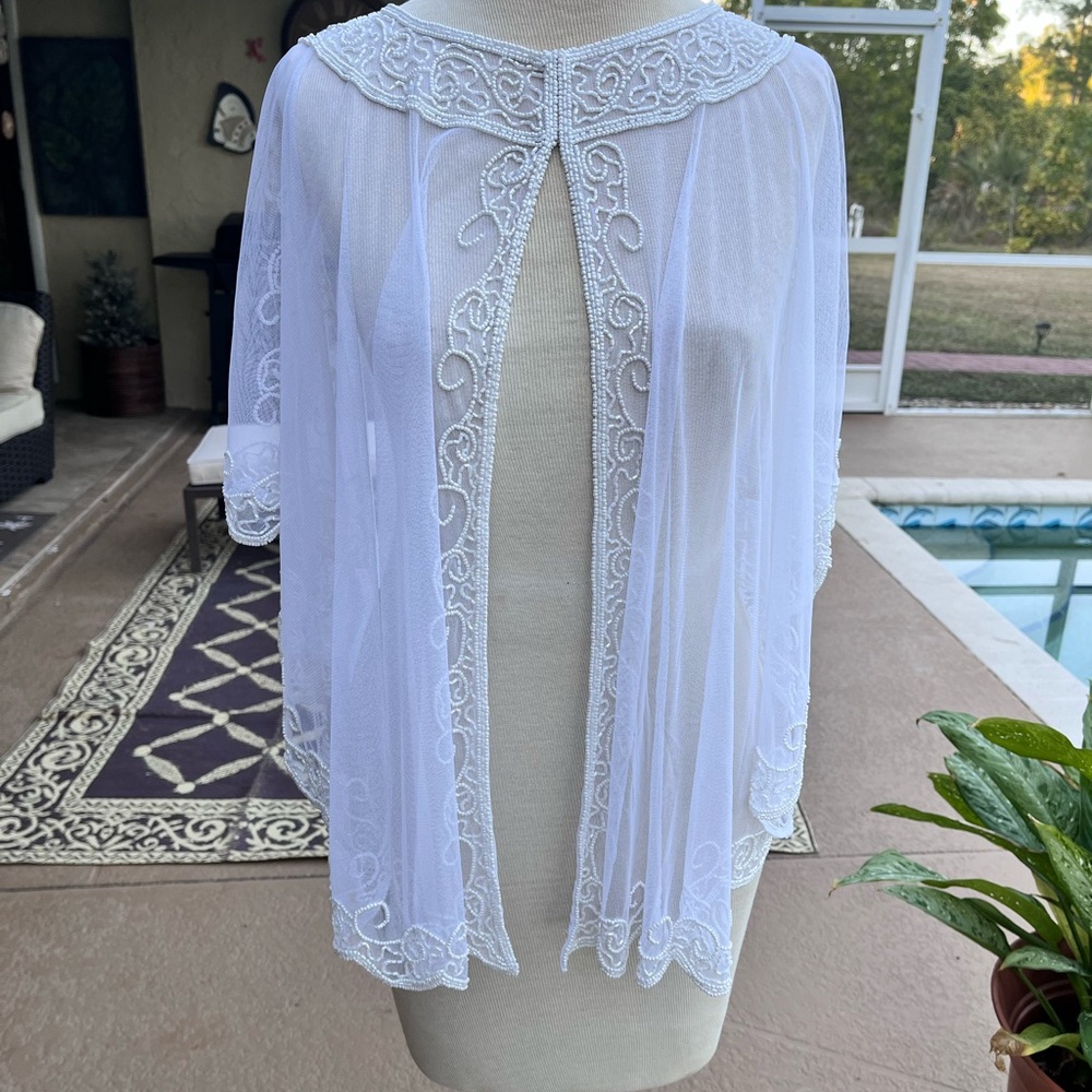 Elegant White Sheer Cape with Embroidered Details